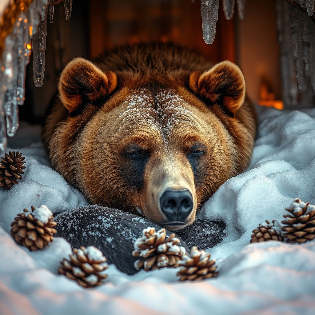 Brown Bear in Winter Den: Hyperrealistic Slumber
