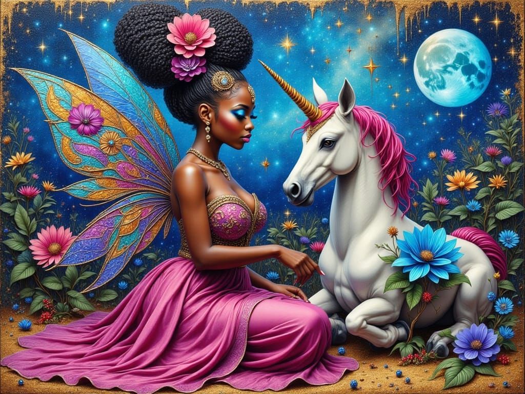 Caribbean Fairy With Unicorn in Vibrant Realism Style