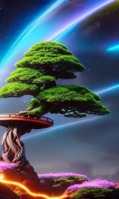 Mystical Bonsai Tree with Neon Lights, Matte Painting