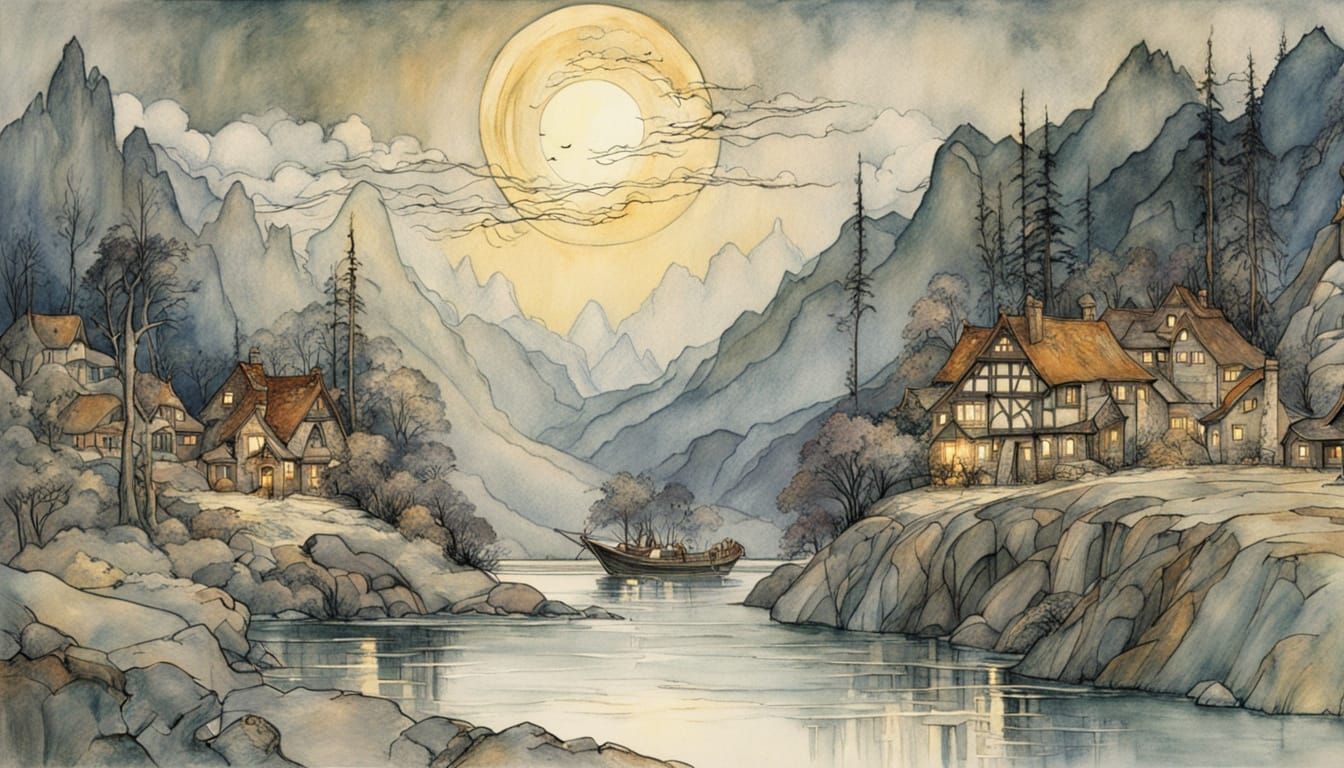 Dreamlike Watercolor Village under Moonlit Skies