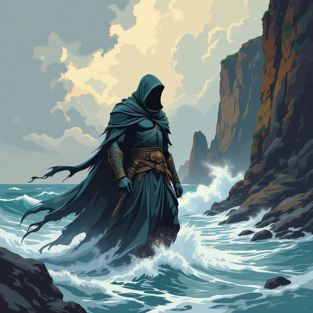 Mythical Warrior Statue in Stormy Sea - Vintage Poster Style