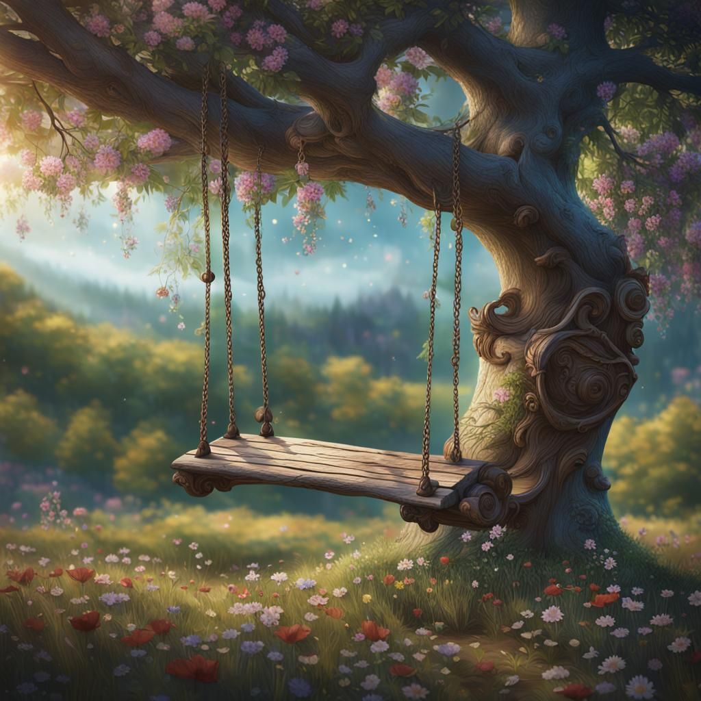 Rustic Swing with Wildflowers: Nostalgic Matte Painting