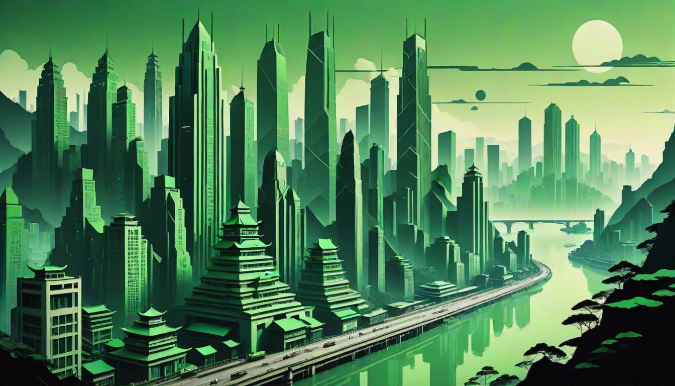 Art Deco Chongqing Skyline in Eerie Green Tones