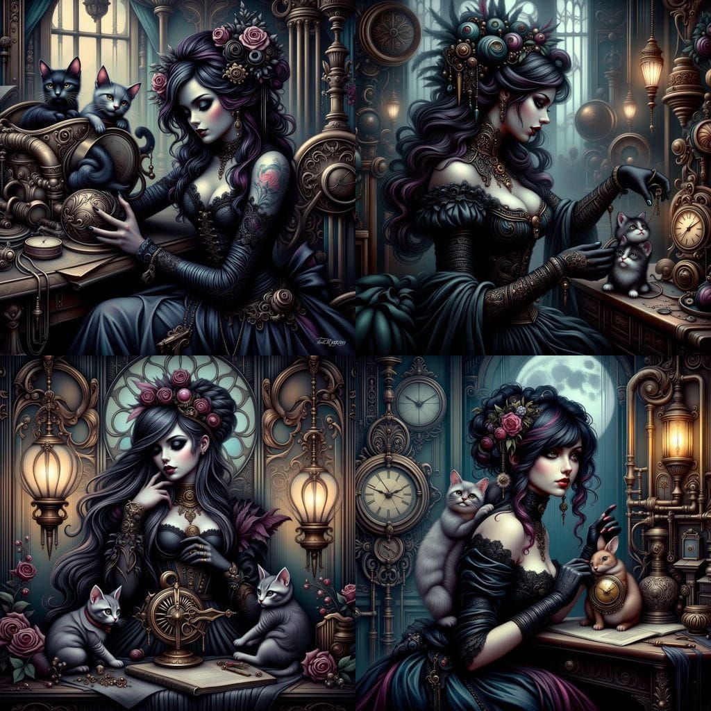 Ethereal Dark Goth Tinkerer in Steampunk Workshop