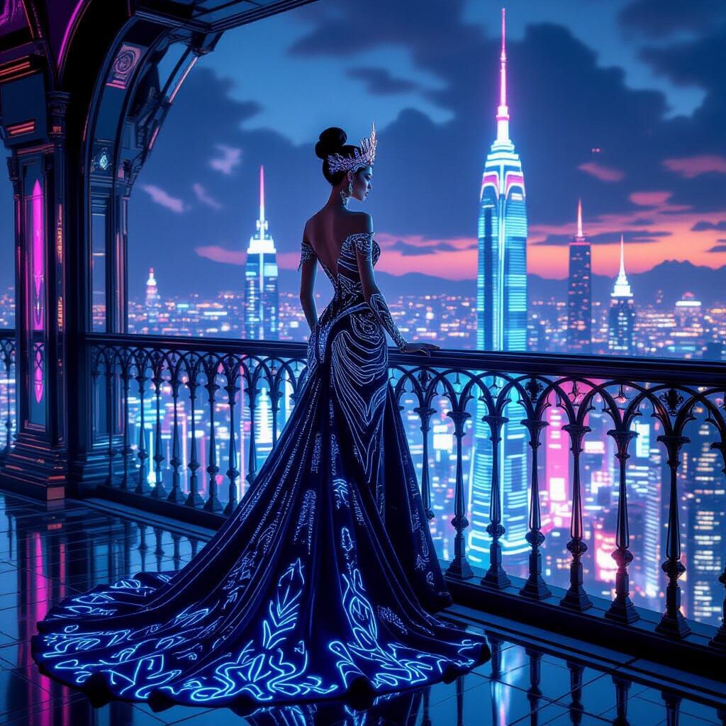 Regal Elf Queen in Avant-Garde Cyberpunk Fashion