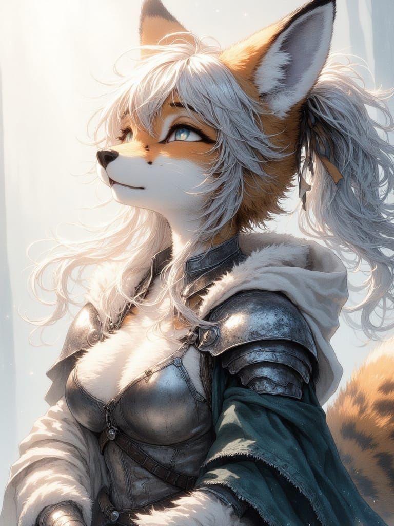 Furry Fox Knight in Watercolor Double Exposure