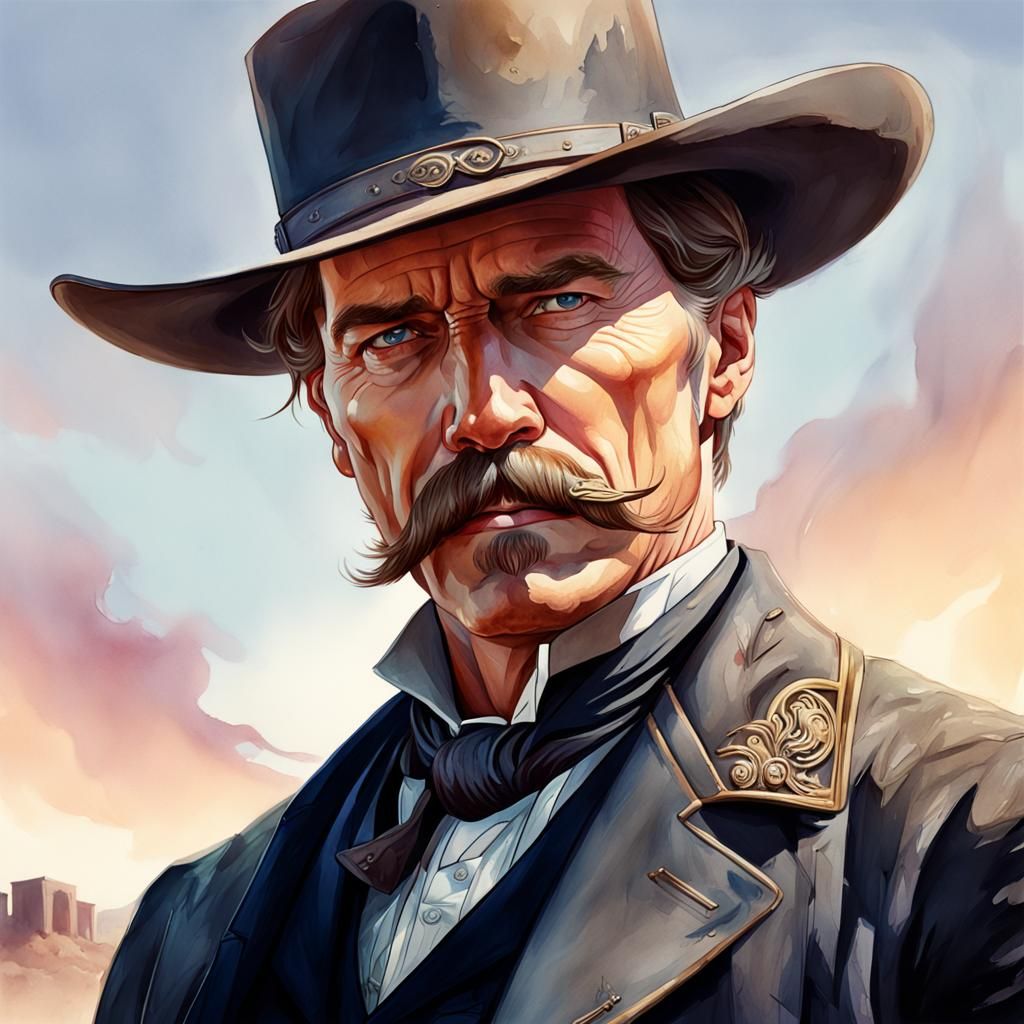 watercolor painting portrait Wyatt Earp with his signature mustache, holding a Colt revolver.