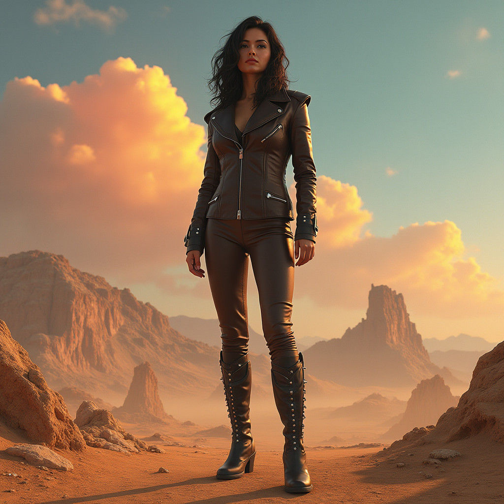 Giantess in Leather in Negev Desert, Digital Art