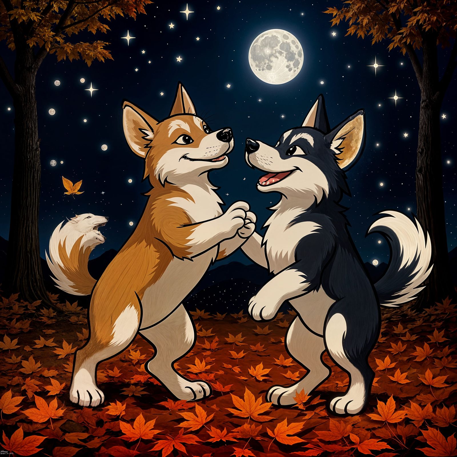 two huskies dancing around the autumn leaves,the stars and t...