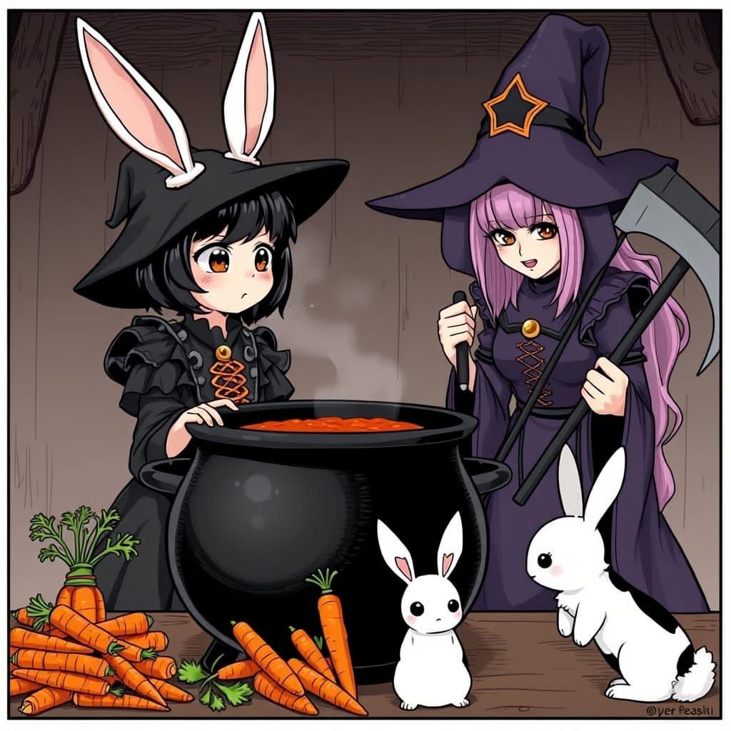 Kawaii Witches Stewing Carrots for Rabbits