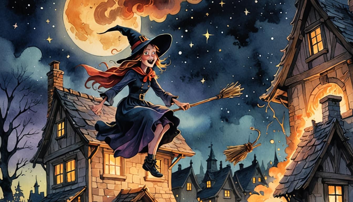 Witch Crash Landing: Whimsical Watercolor Cartoon