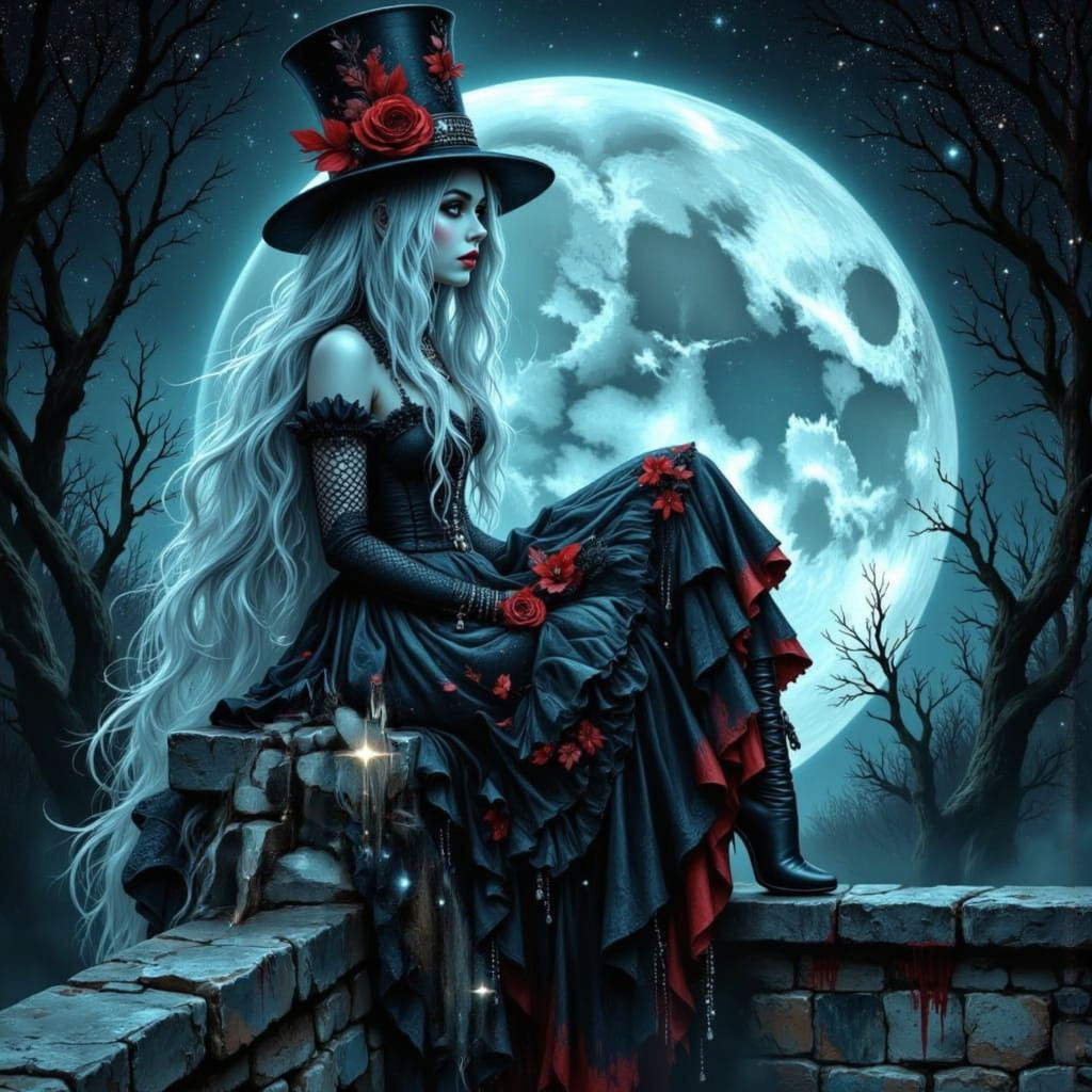 Gothic Woman Under a Neon Moon in Victorian Style