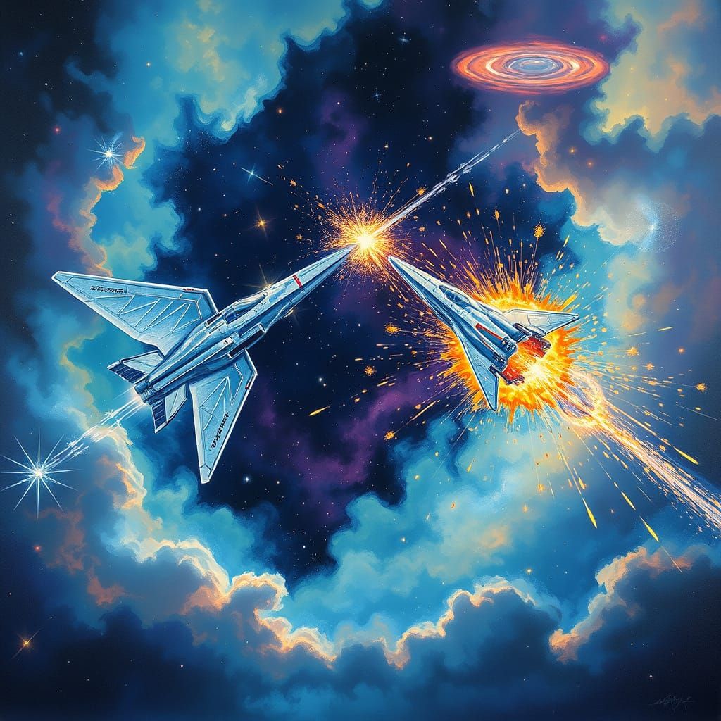 Cosmic Spaceship Ballet in Psychedelic Nebula