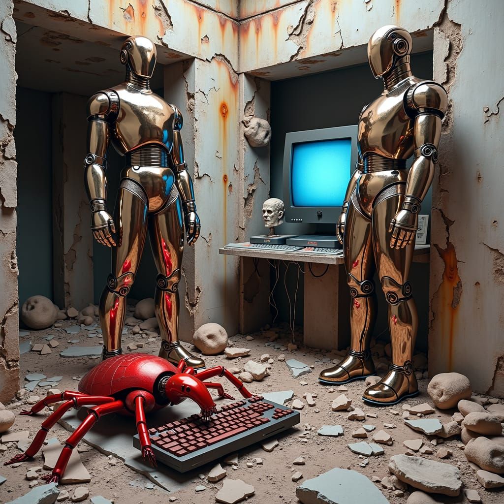 Gleaming Chrome Statues Amidst Dystopian Ruins in Neon Light