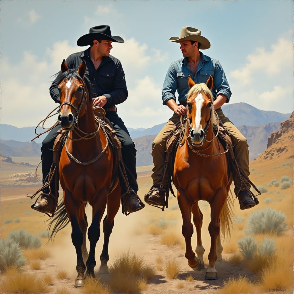 Cowboys Ride Through Mexico in Impressionistic Oil Style