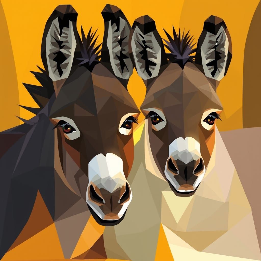 Donkeys in Vibrant Cubist Style