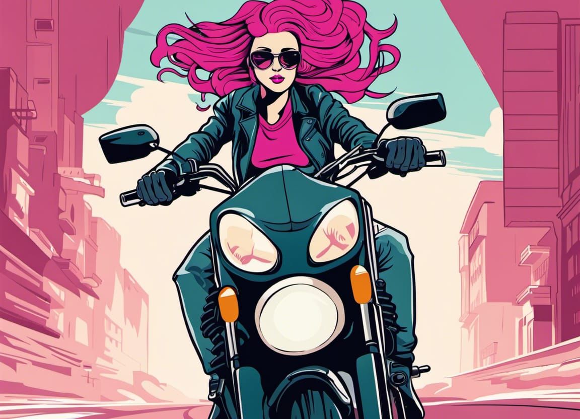 Magenta-Haired Woman Rides Motorcycle in Cel-Shaded Vector A...