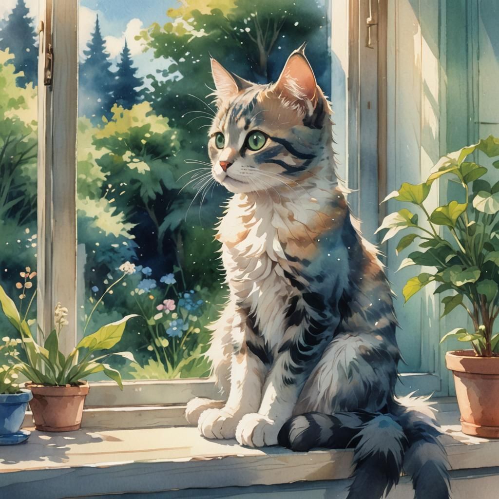 Kitten Gazing at Garden in Anime Style