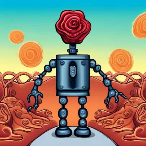 Robot in Metal Rose Garden: A Surrealist Painting