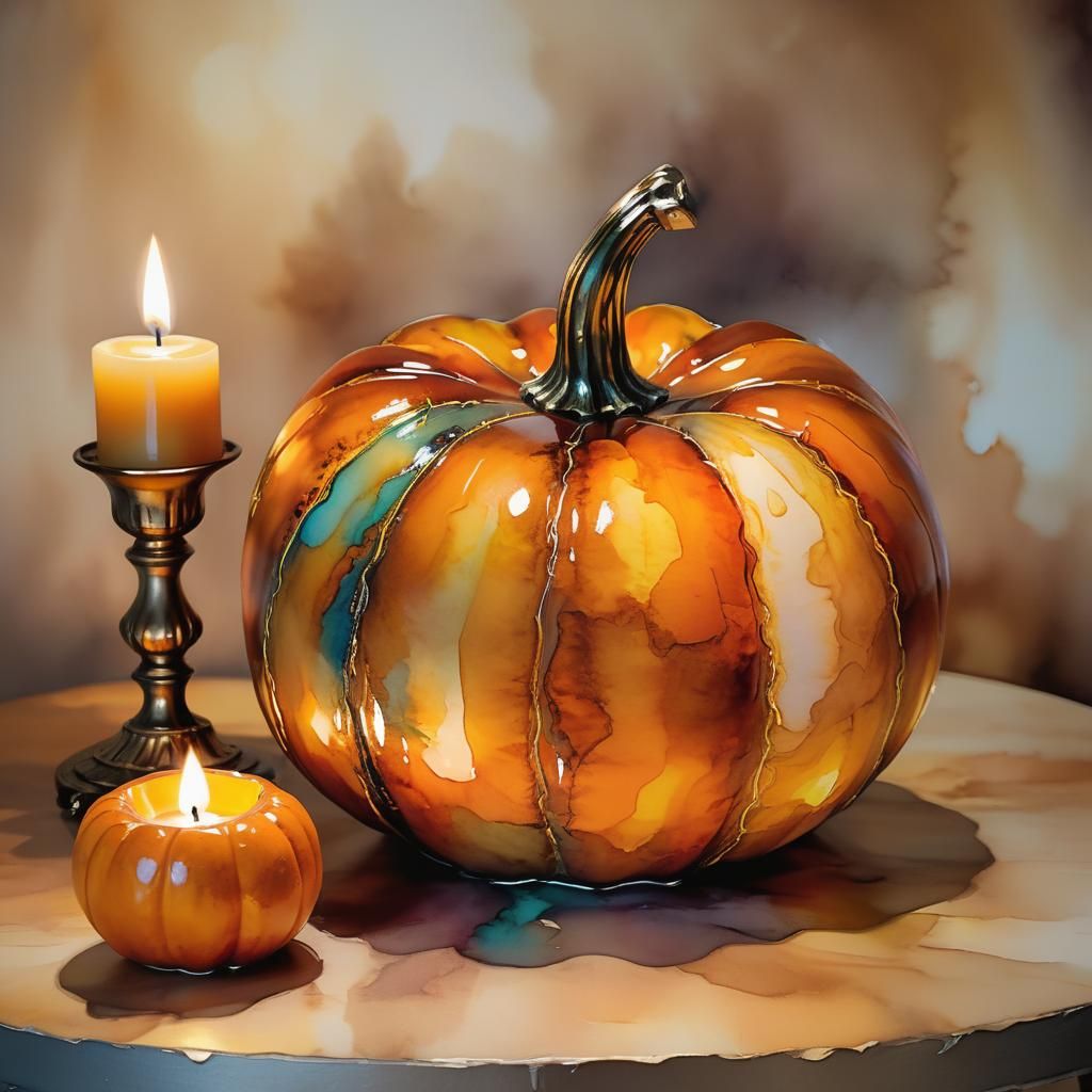 Glowing Pumpkin Still Life in Alcohol Ink Art