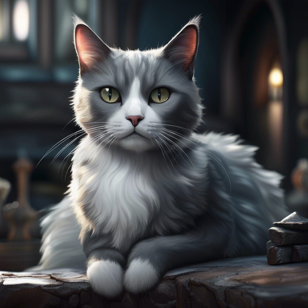 Detailed Matte Painting of a Gray and White Cat