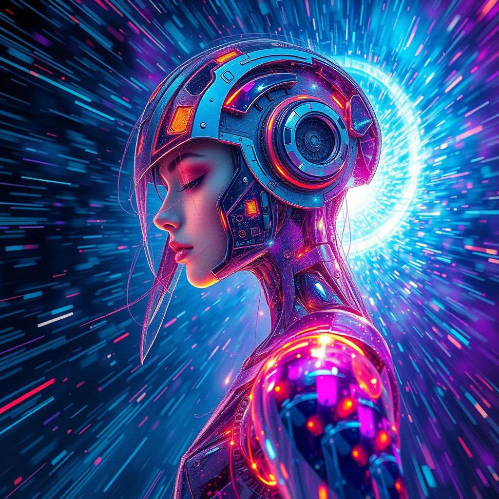 Vibrant Mecha Girl in Eternal Data Stream