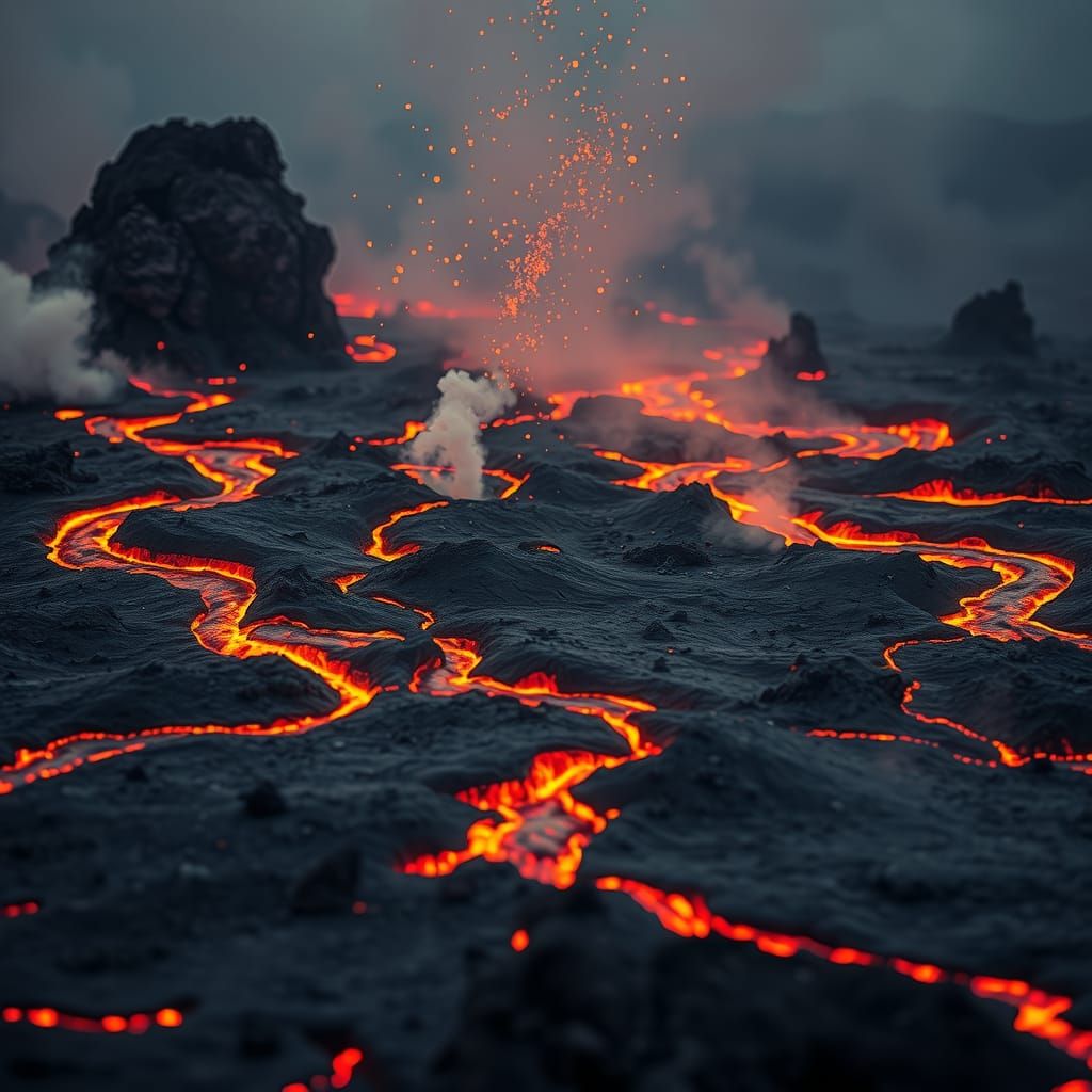 Volcanic Eruption with Molten Lava and Bokeh Embers