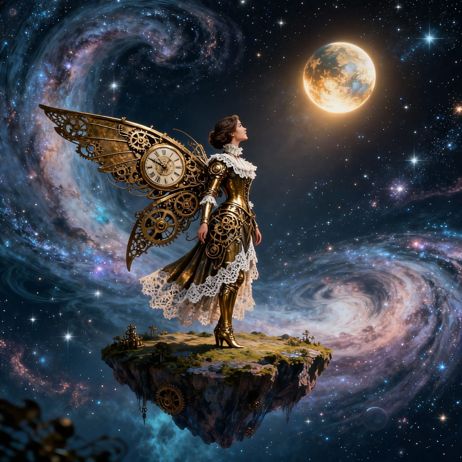 Clockwork Woman on Floating Island in Nebula