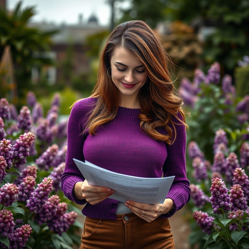 A Tired yet Determined Woman Navigates a Lush Lilac Garden