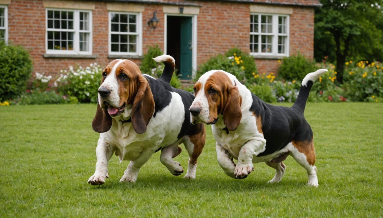 Basset Hounds Play at Old Country House