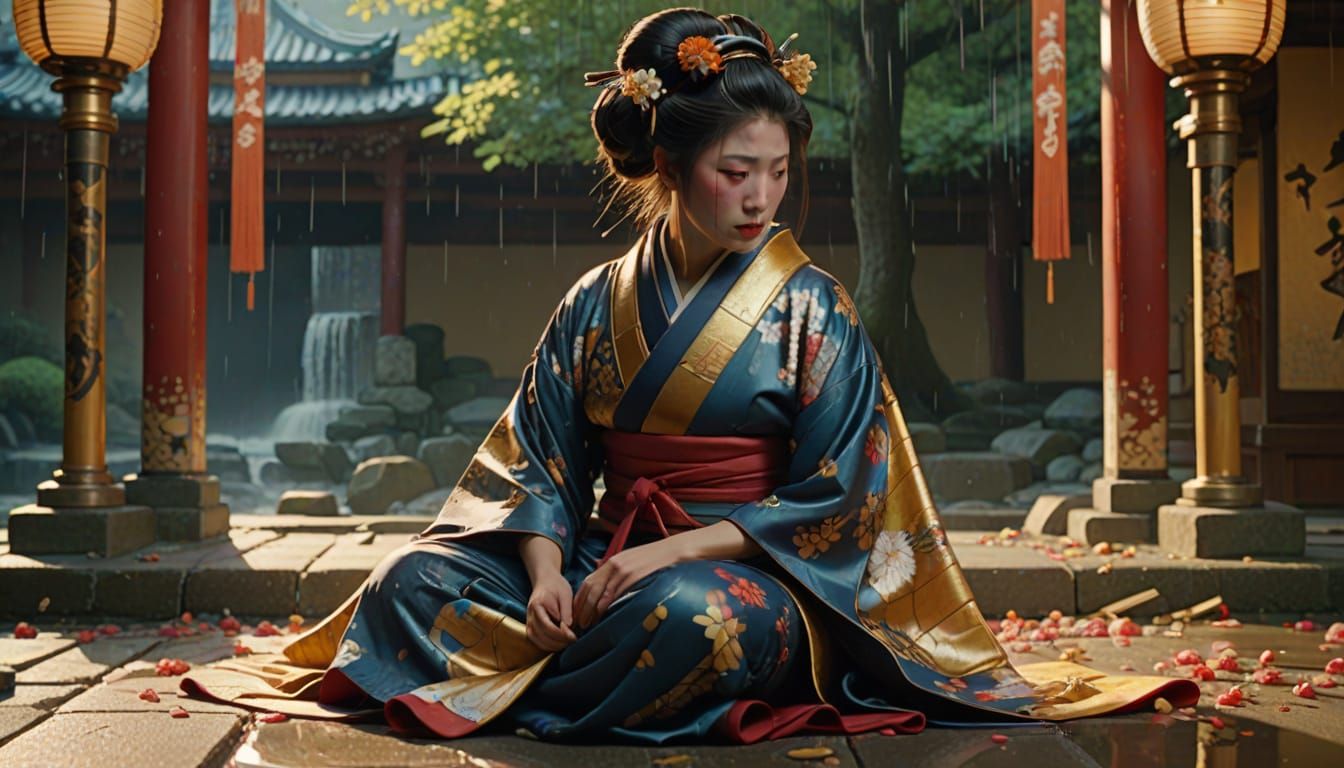 Geisha in Ruined Temple: An Art Nouveau Masterpiece