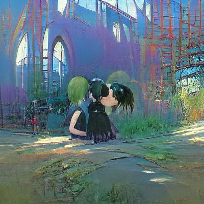 Goth Girls Kissing in Anime Style