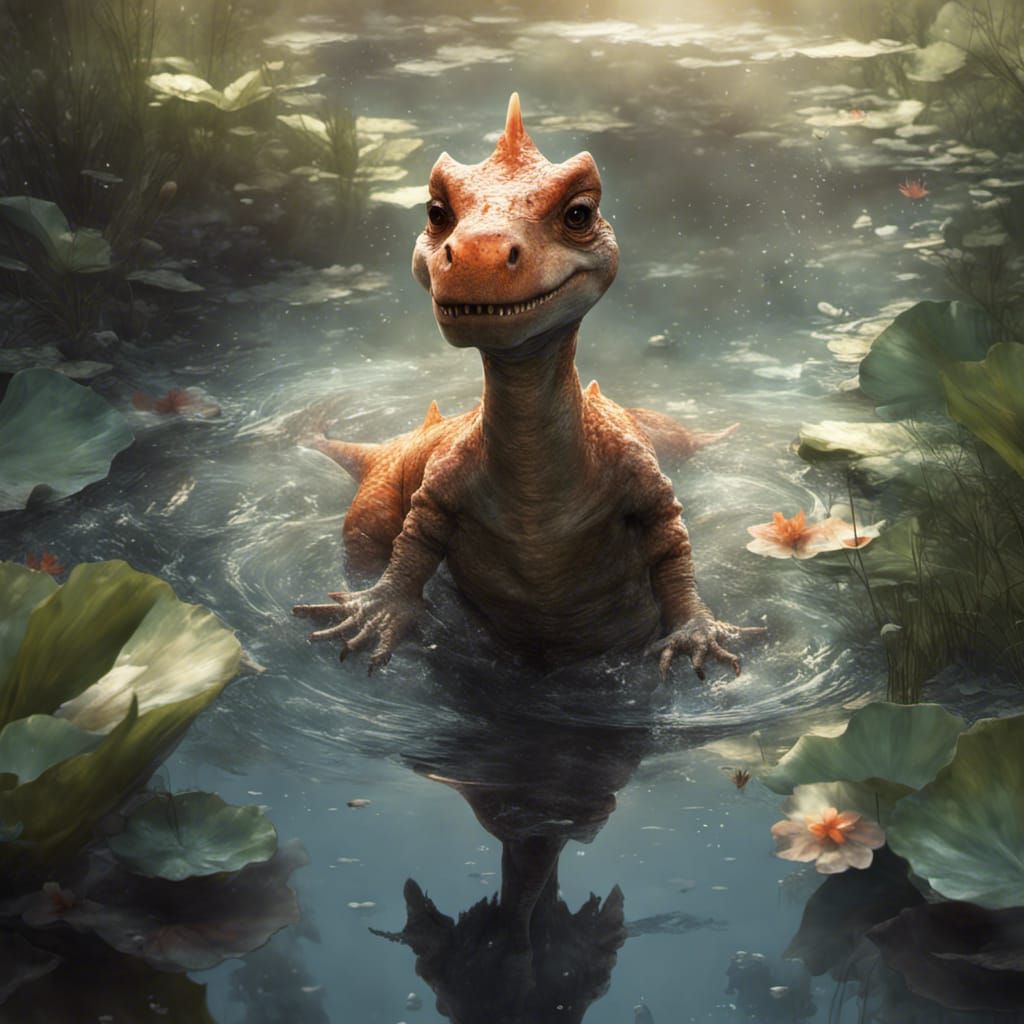 Chibi Dinosaur Splashing in Pond with Intricate Details
