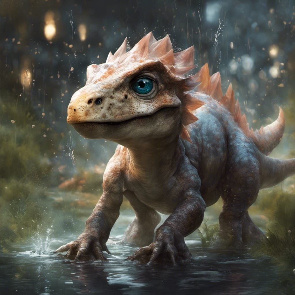 Chibi Dinosaur Splashing: Detailed Digital Art