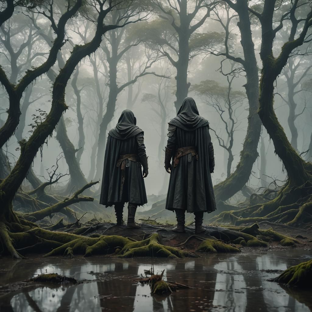 Cloaked Figure in Misty Forest: Fantasy Concept Art
