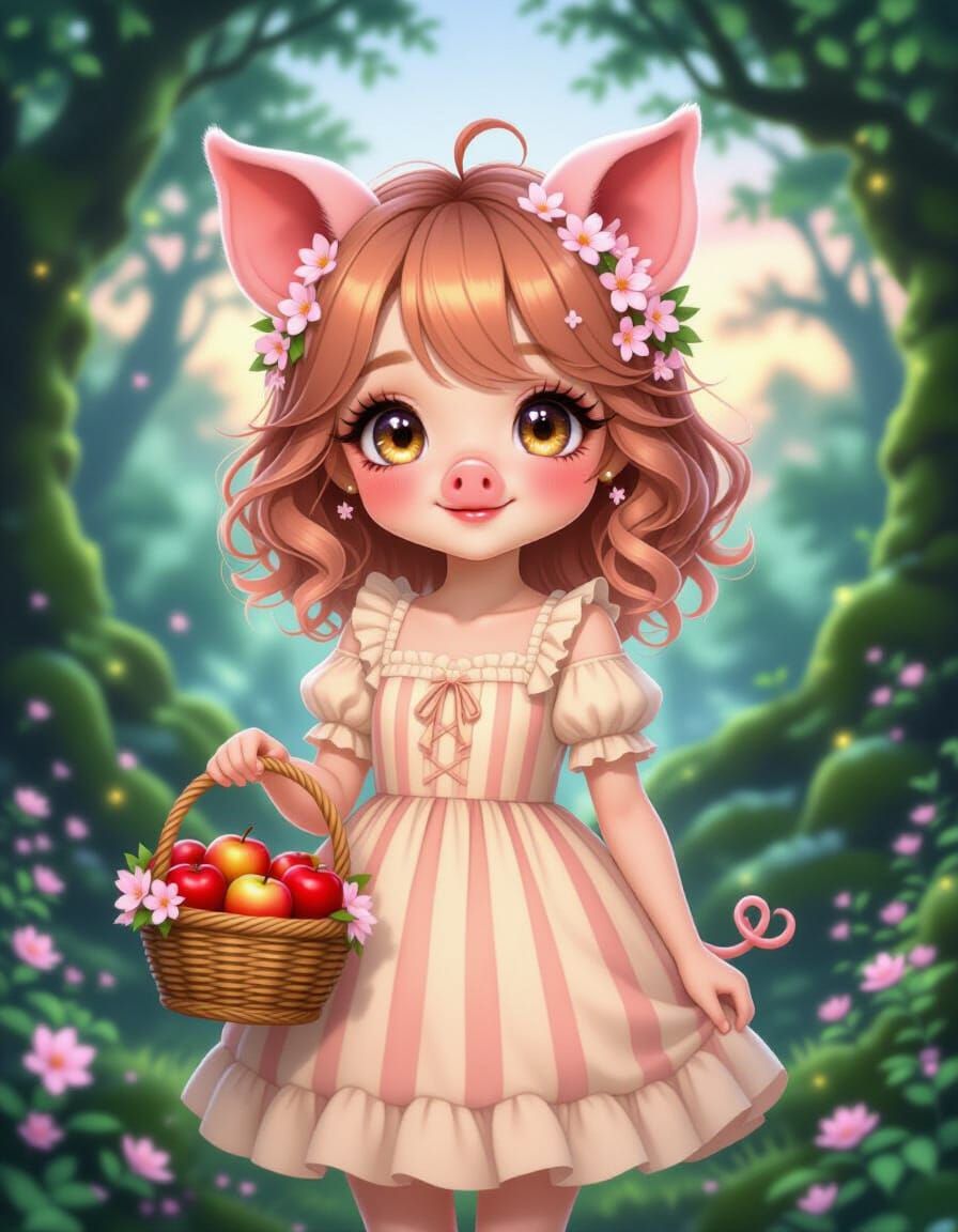 Anime Pig Girl in Magical Forest