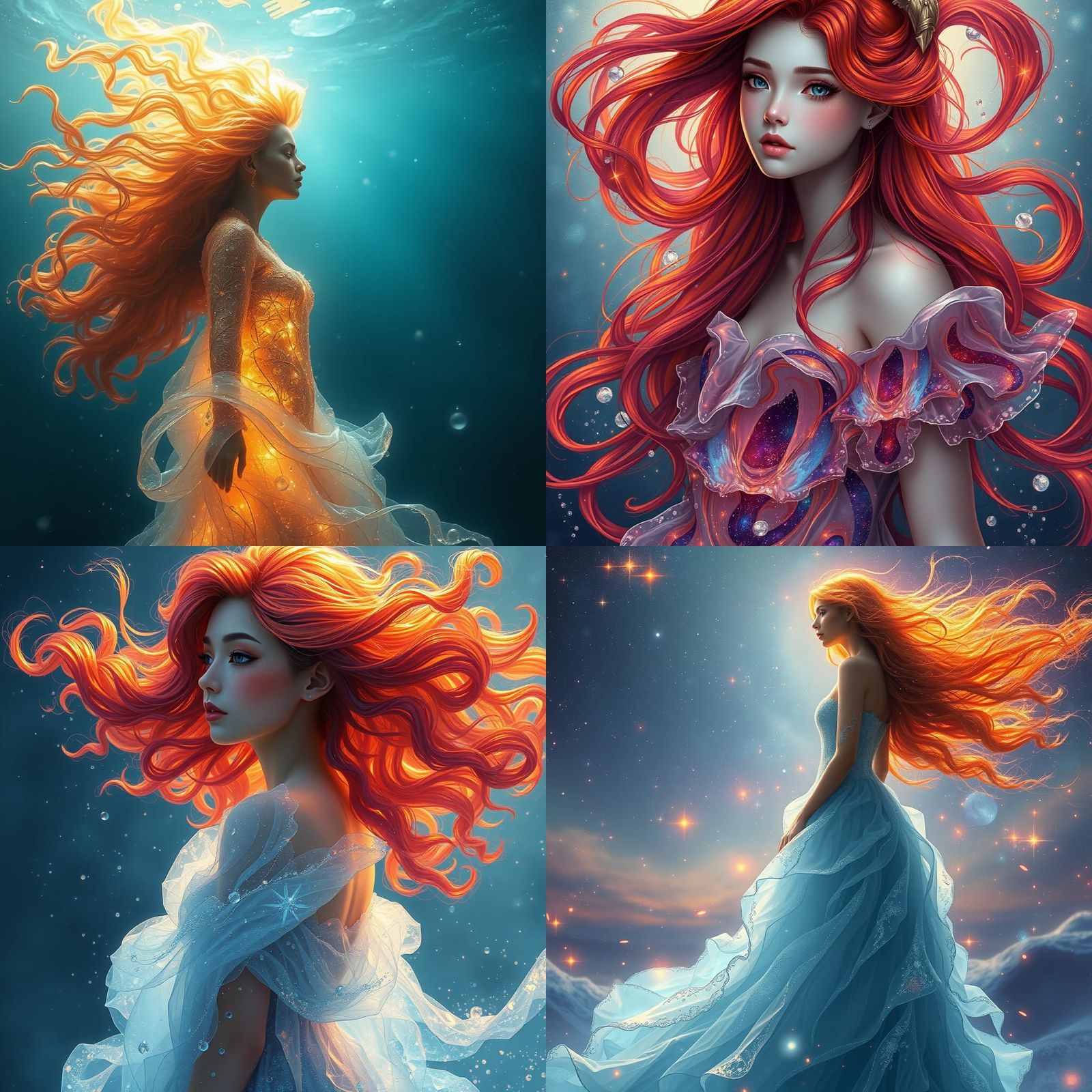 Girl in Vibrant Dress with Galaxy Hair and Water Elements in...