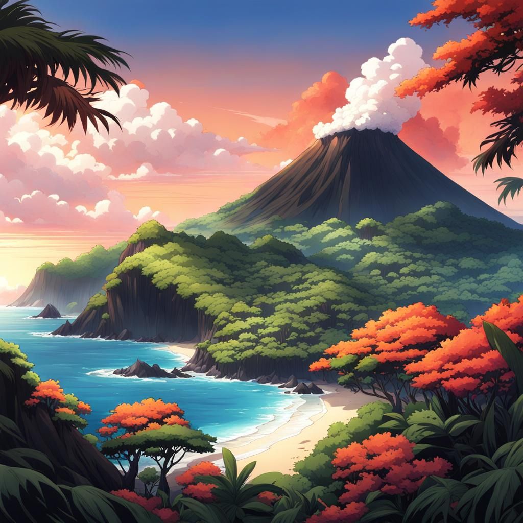 Volcanic Island with Red Forest in Anime Style