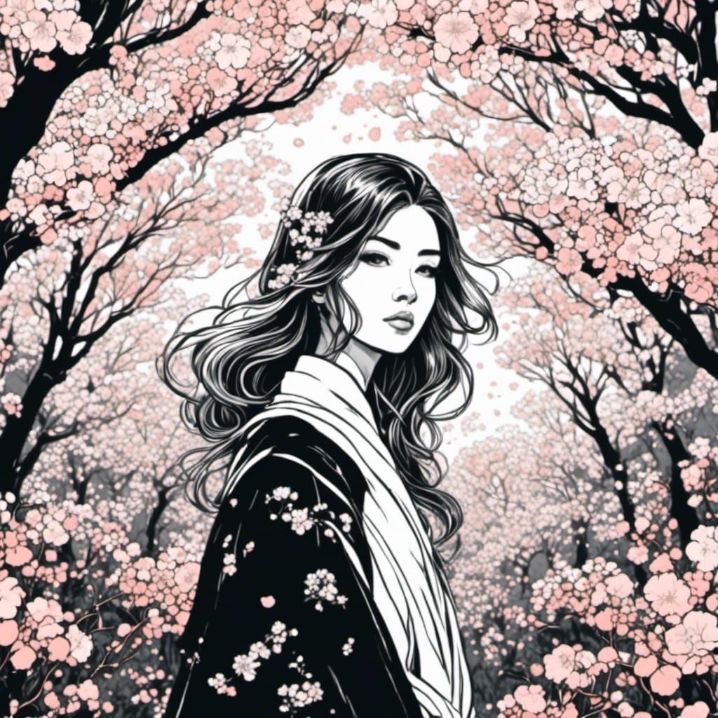 Cherry Blossom Girl Coloring Book Illustration