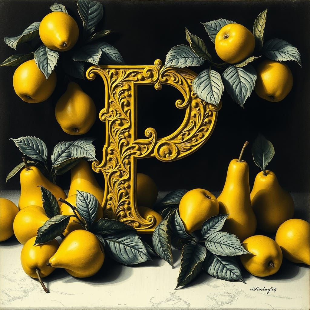 Vibrant Charcoal Masterpiece of Yellow P and Pears