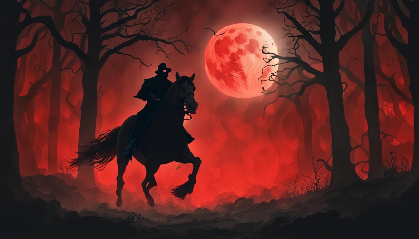 Headless Horseman Under Blood Moon in Gothic Style