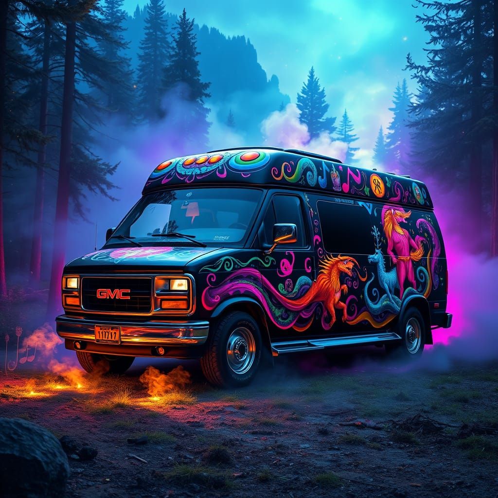 Psychedelic Airbrushed Party Van in Misty Forest