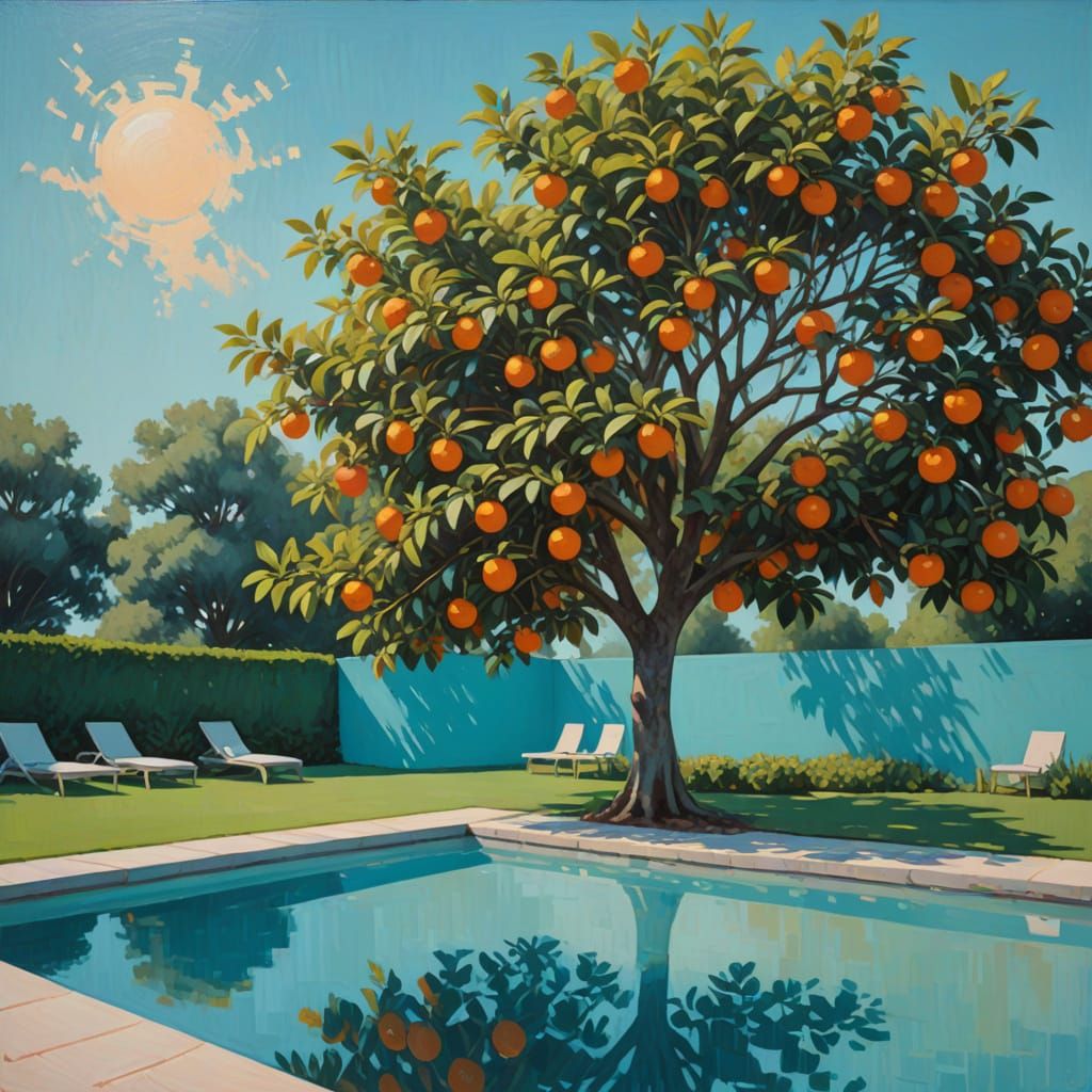Orange Tree by Pool: Rothko-Inspired Oil Painting