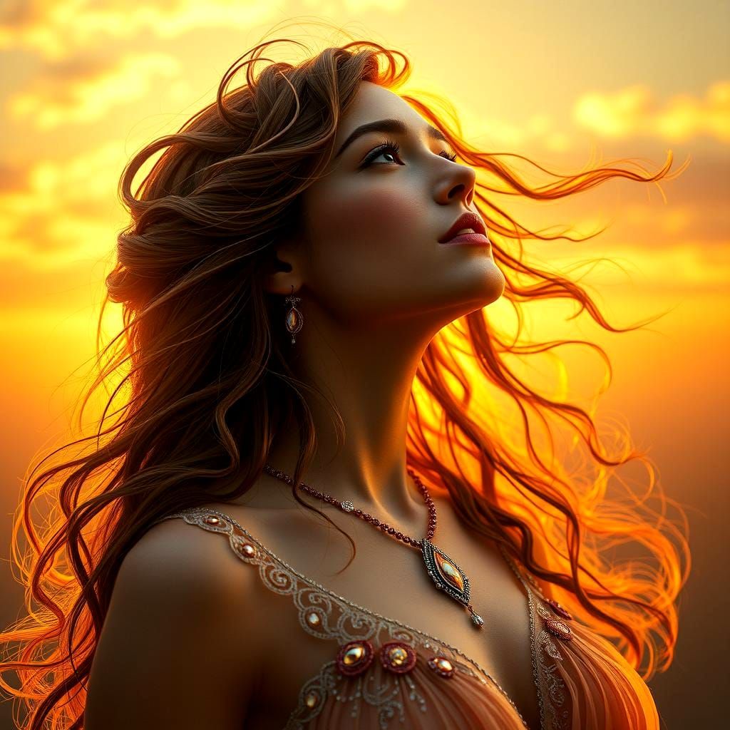 Woman Watching Sunset in Art Nouveau Style