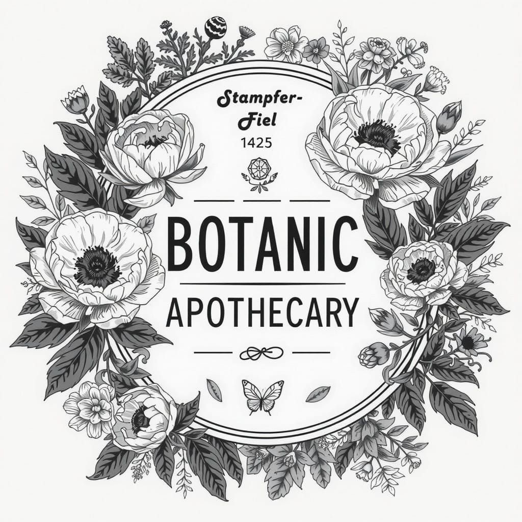 Botanic Apothecary Logo in Black and White with Floral Eleme...