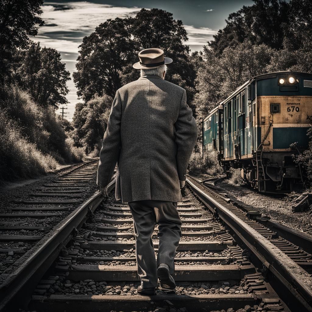 Old Man Walking on Railroad Tracks