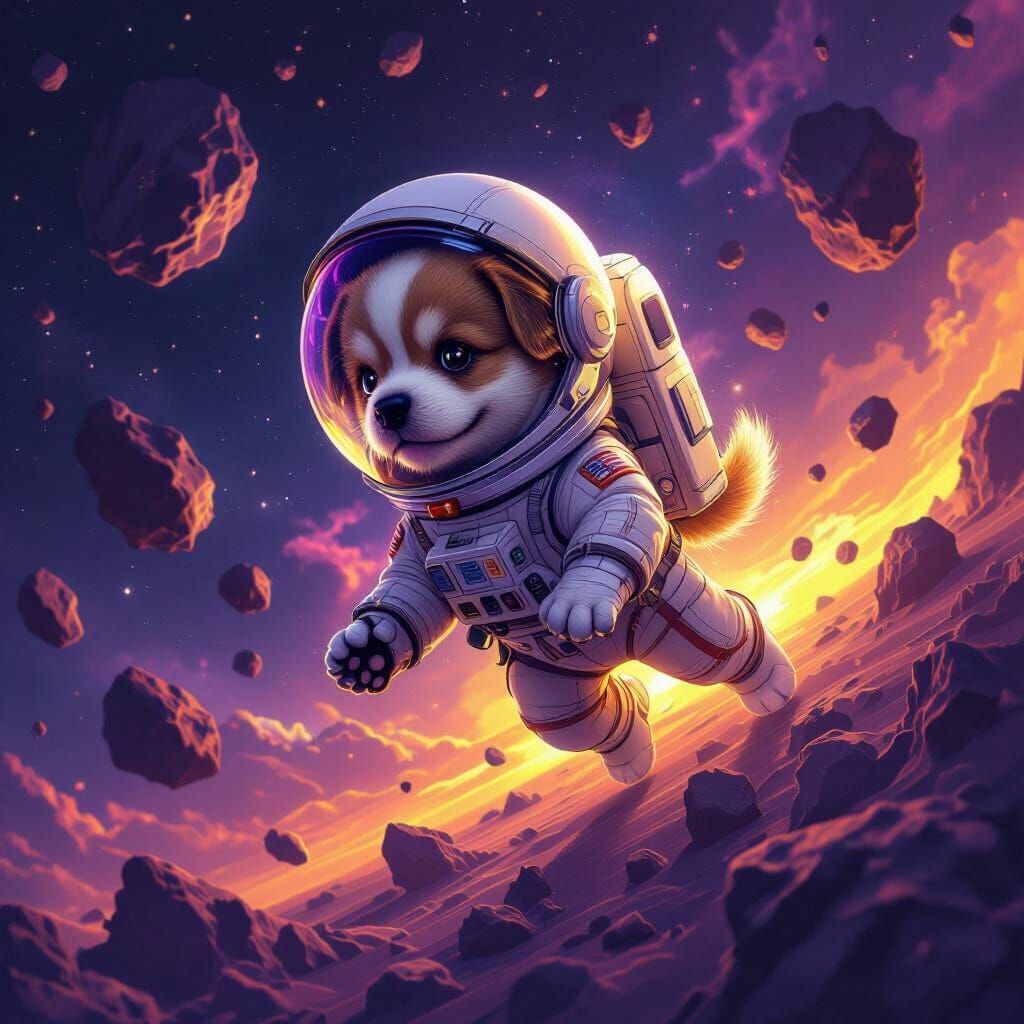 Cute Astronaut Puppy Soaring Through Cosmic Field
