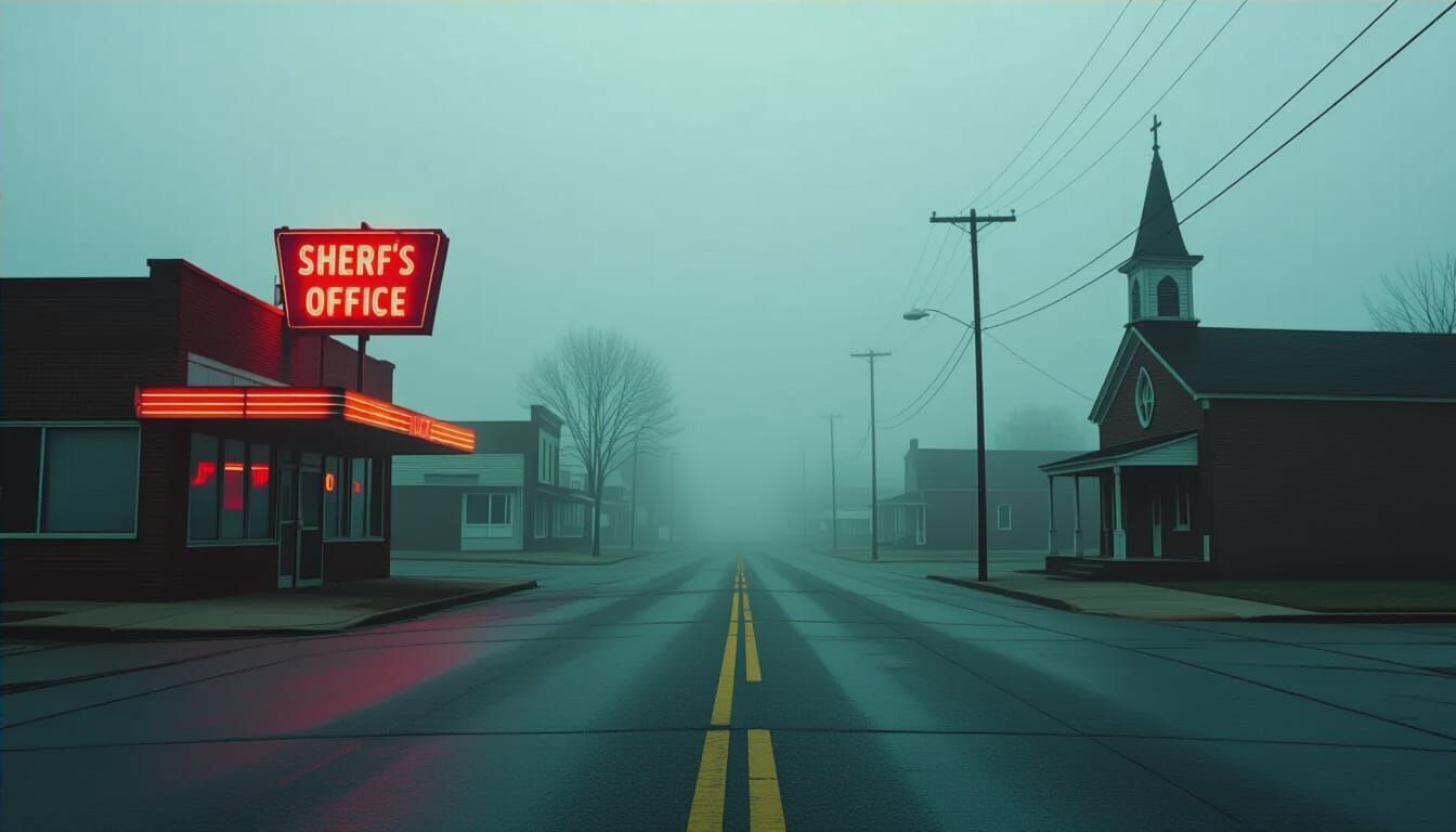 Sinister 80s Midwest Town Main Street in Fog