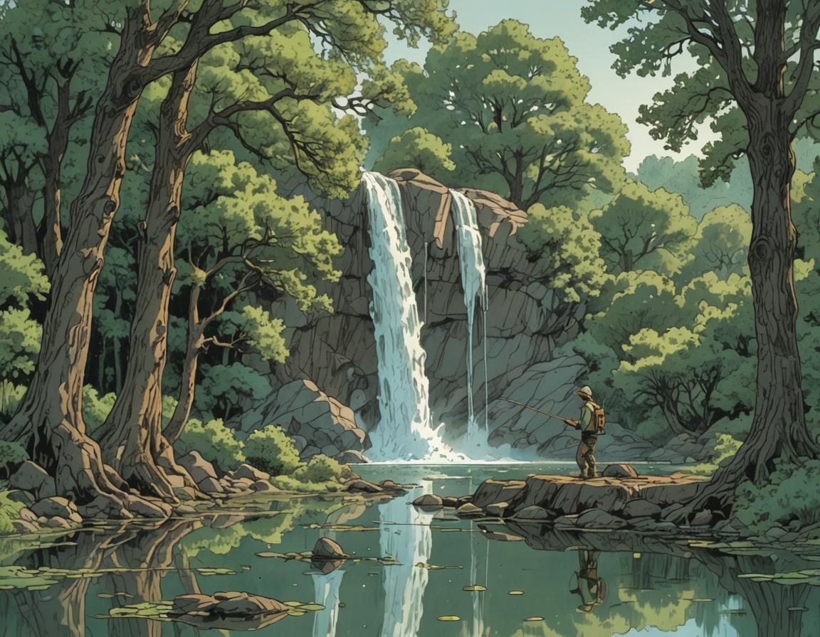 Cascading Waterfall Scene in Moebius Style