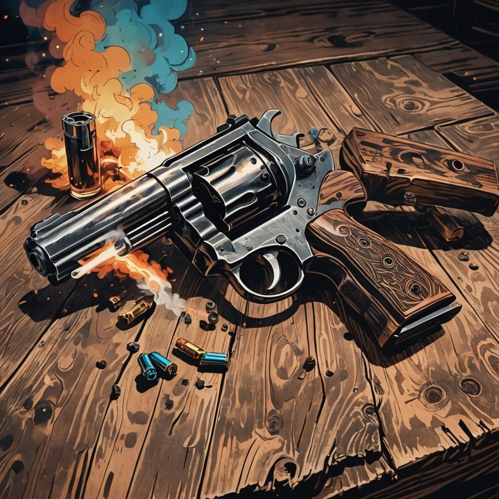 Retro Anime Pistol Illustration on Wooden Table